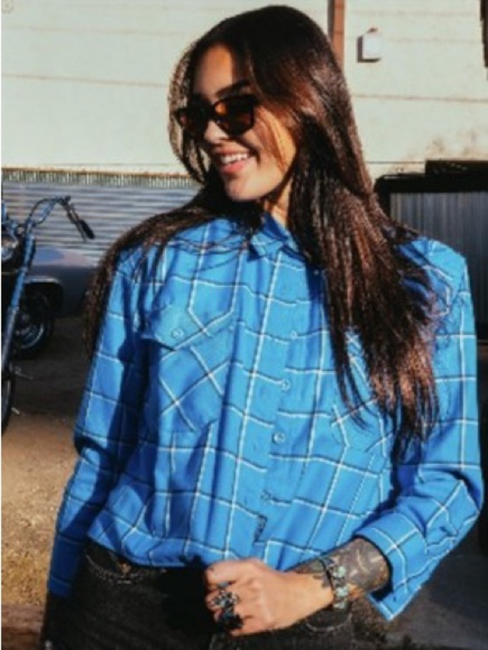 DIXXON Bright Blue Plaid cropped Button-Down Shirt